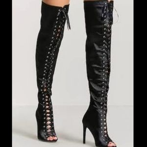 Black Lace-Up Over-the-Knee Stiletto Boots - Women